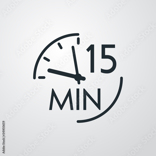 Icono plano lineal reloj con texto 15 min en fondo gris