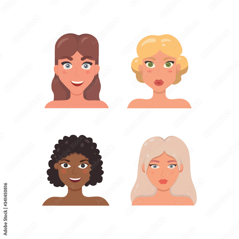Cute Woman Face illustration. Woman's avatar in cartoon style. Young girl portrait facial expression. Cute Woman Face illustration. Woman's avatar in cartoon style. Young girl portrait facial expression.