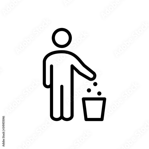 Símbolo tirar la basura. Icono plano lineal hombre de pie con papelera en color negro
