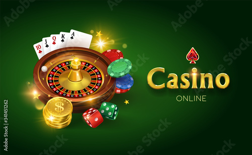 Casino on a green background. Dice, gold coins, cards, roulette and chips. Vector illustration