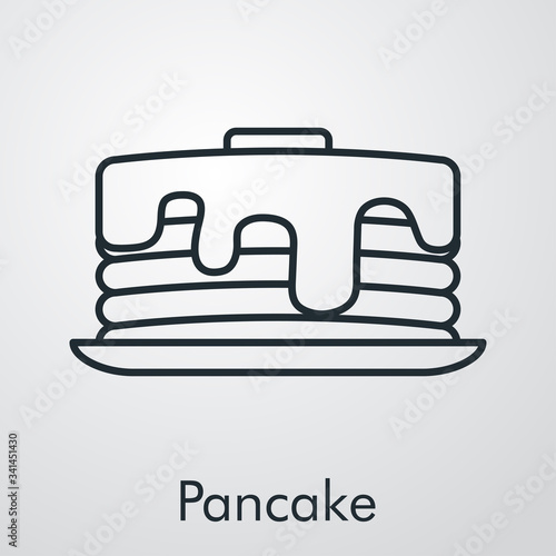 Icono plano lineal pancake con mantequilla y jarabe de arce en fondo gris