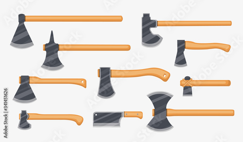 Different kinds of vector axes. Forester, fire, tourist ax and kitchen ax . Tools Collection.