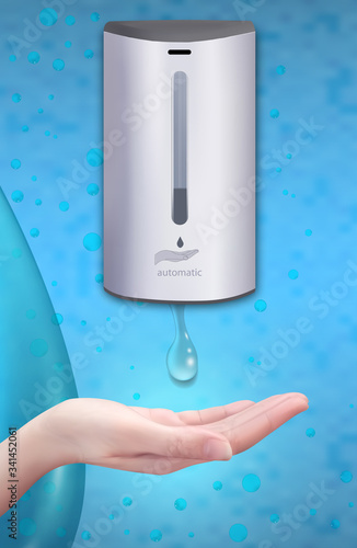 Wall automatic sanitizer dispenser for hand. Rubbing Alcohol based. Wall mounted soap or antiseptic dispenser. Covid-19 spread prevention. Protection from germs such as coronavirus. Vertical banner