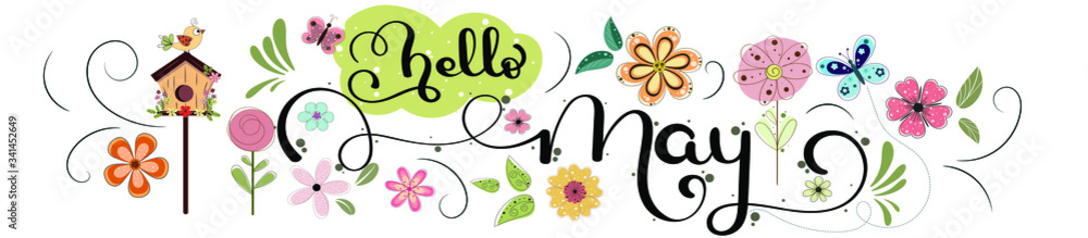 Hello May. MAY month vector with flowers, birds and leaves. Decoration floral. Illustration month may Hello May. MAY month vector with flowers, birds and leaves. Decoration floral. Illustration month may