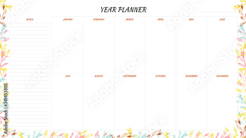 Year planner with minimalistic floral design. Year goals.