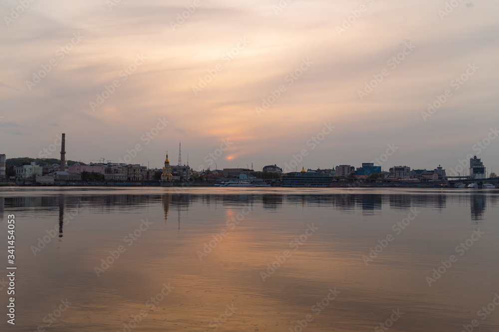 view of the river Dnieper and evening Kiev sunset on the beach