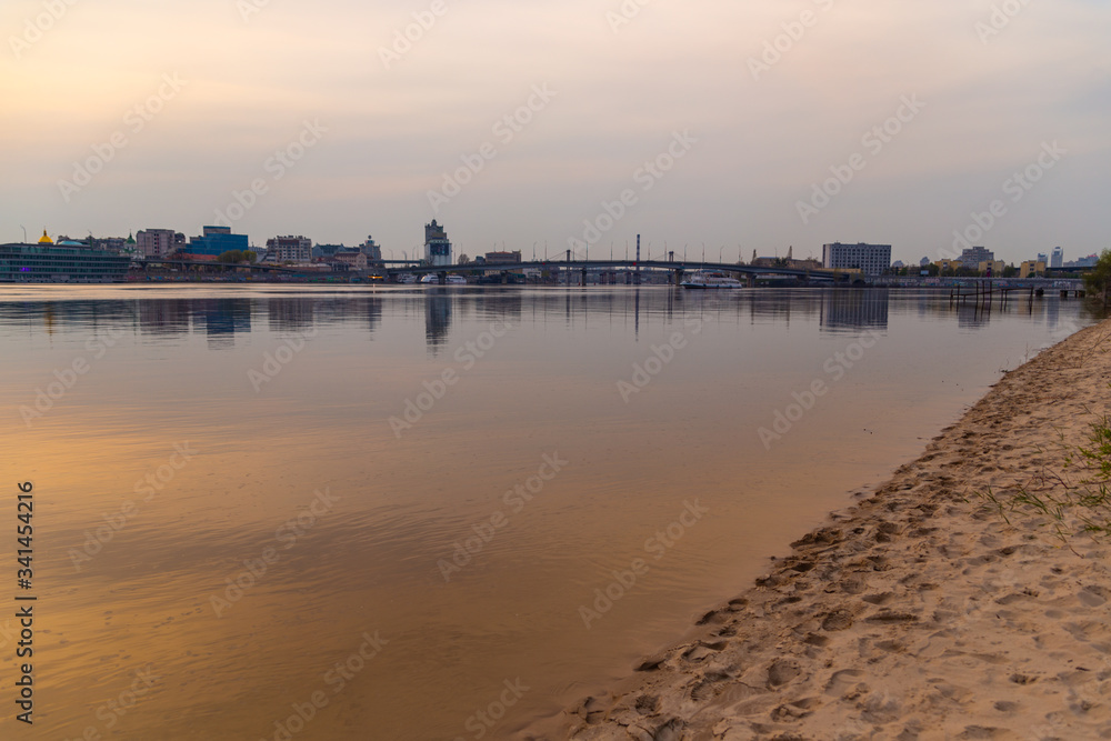view of the river Dnieper and evening Kiev sunset on the beach