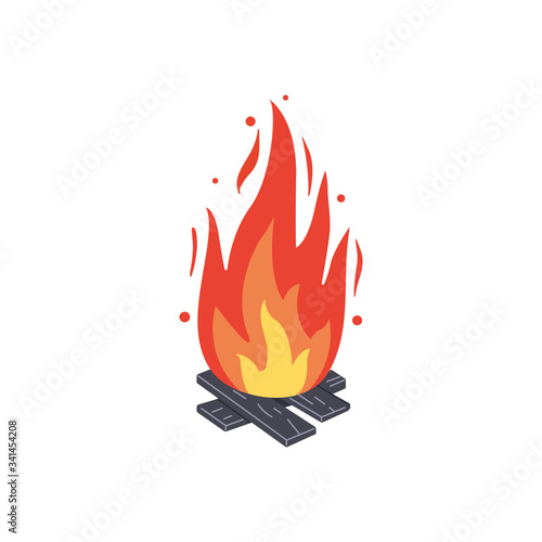 Campfire icon. Burning bonfire vector. Firewood flames, burn fireplace cartoon illustration.