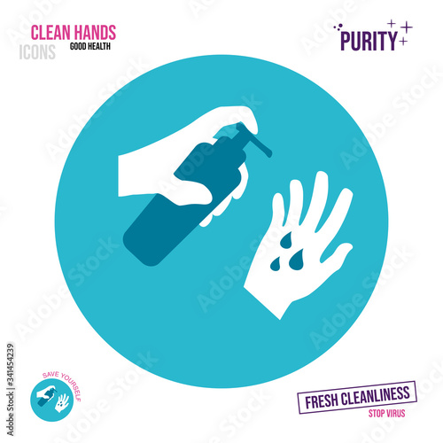 Icon of a hand holding a bottle with an antiseptic or liquid soap. Putting liquid soap on hands