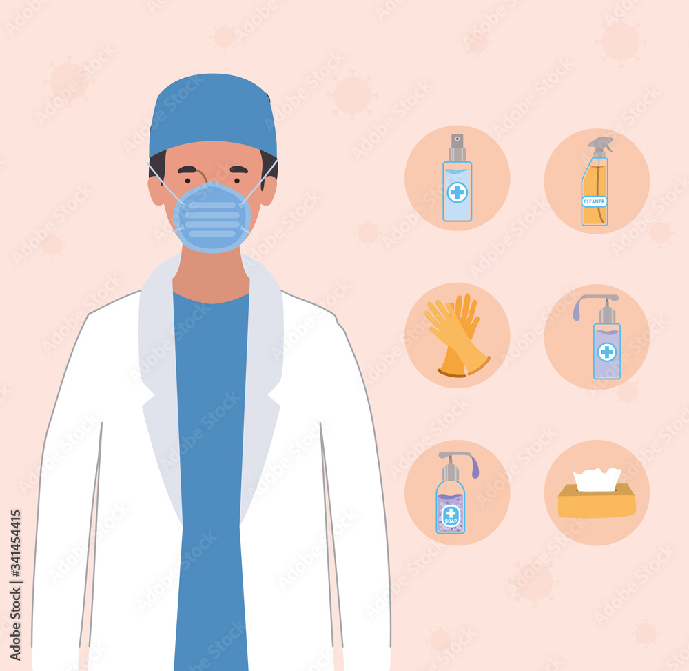 Man doctor with mask and hygiene products against 2019 ncov virus vector design