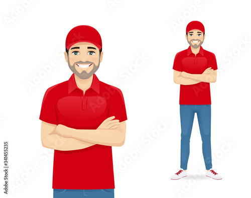 Handsome delvery man in red uniform standing with arms crossed isolated vector illustration