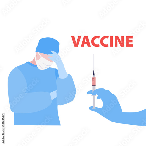 Vector handdrawn illustration of nurse or doctor in stress and gloved hand with syringe with the vaccine. Vaccine covid-19. Medical concept