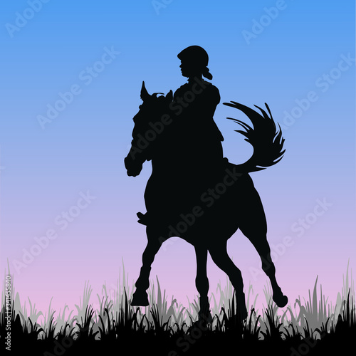 sport girl galloping on a horse in a field, on the grass, isolated image, black silhouette on a  blue background