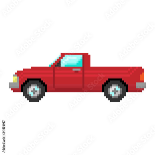 Red pixel pickup icon. Side view. Vector graphic illustration. Isolated object on a white background. Isolate.