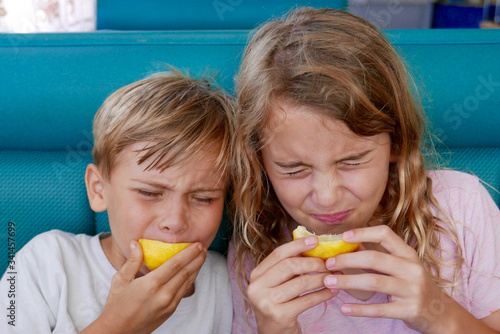 Boy and girl making funny faces as they bite into sour lemons