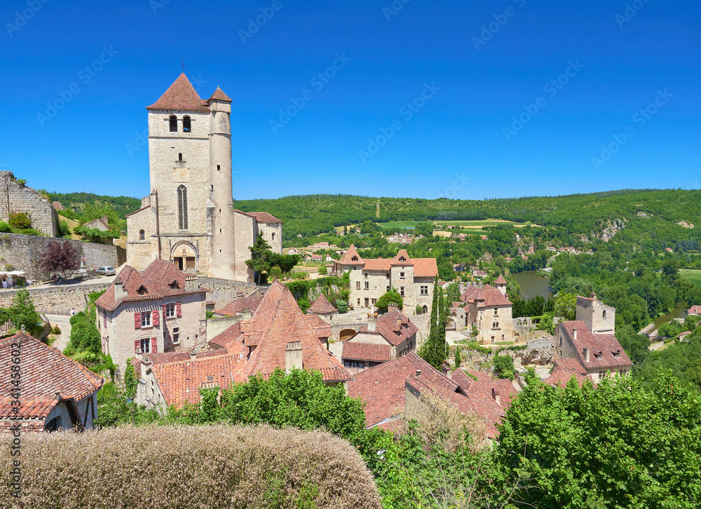 Landscape view of the old town of Saint-Cirq-Lapopie, one of the most beautiful villages in France (Les Plus Beaux Villages de France), Lot River valley, Causses du Quercy Natural Park