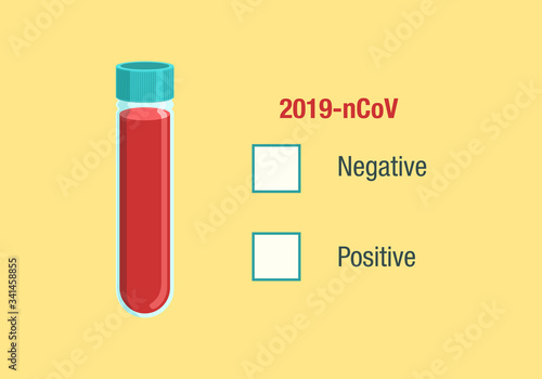 coronavirus covid-19 test tube of blood and the box choices for negative positive result