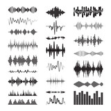 Black sound waves logo collection with audio symbols on white background. Modern music equalizer elements set. Digital flat isolated illustration. Waveform technology