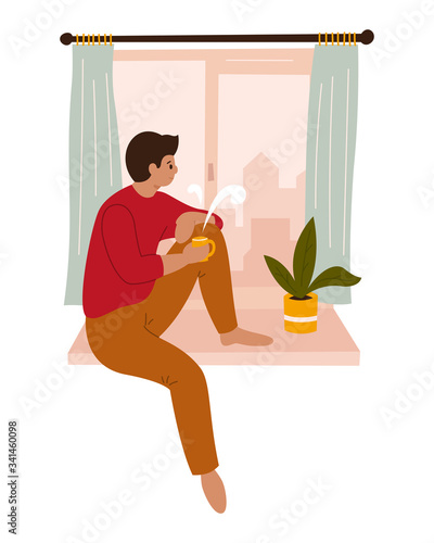 A young man is looking through the window while sitting on the windowsill at home. Hand-drawn color vector illustration. Quarantine. Coronavirus. Meditation, drinking coffee, tea. Stay at home