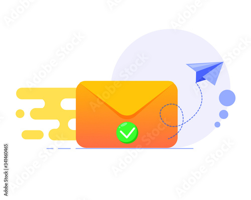 Email sent concept. Email marketing campaign. New email message. Envelope flying modern icon with green check mark icon 
