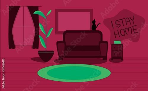 modern living room interior illustration stay at home comfy living room for quarantine with a cat silhouette 
