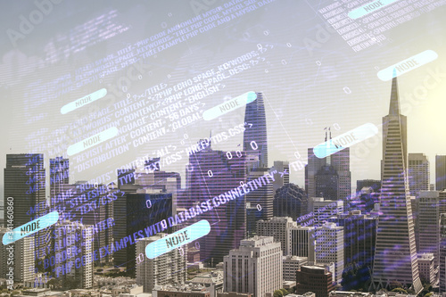 Multi exposure of abstract programming language hologram and world map on San Francisco office buildings background, artificial intelligence and neural networks concept