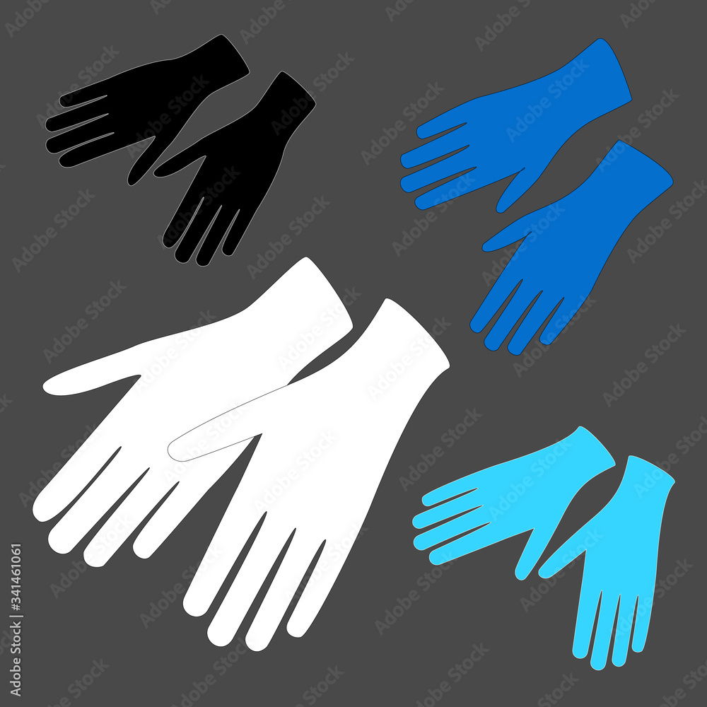 Hands protective white, blue and black gloves on grey. latex gloves as a symbol of protection against viruses and bacteria. Rubber cleaning or hygiene supplies, medical surgery gloves. Jpeg