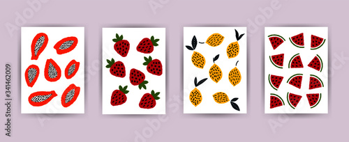 Abstract fruit poster set. Modern wall art flat elements, print templates for invitations, flyers, magazine cover, packaging. Collage vector illustration