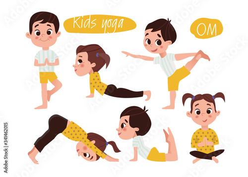 Yoga kids set. Gymnastics for children and healthy lifestyle. Vector illustration.