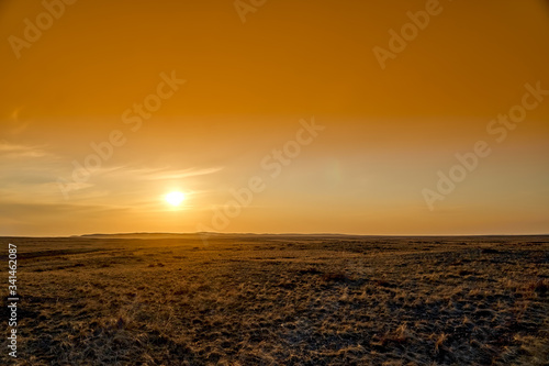 Panoramic view: beautiful spring landscape: spring huge great steppe wakes up from winter sleep - snow and ice just melted, sunset, Kazakhstan