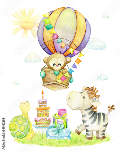 Monkey, Zebra, turtle, balloon, gifts, cake, sun, clouds. Watercolor greeting poster, on an isolated background, for a children's holiday and birthday.
