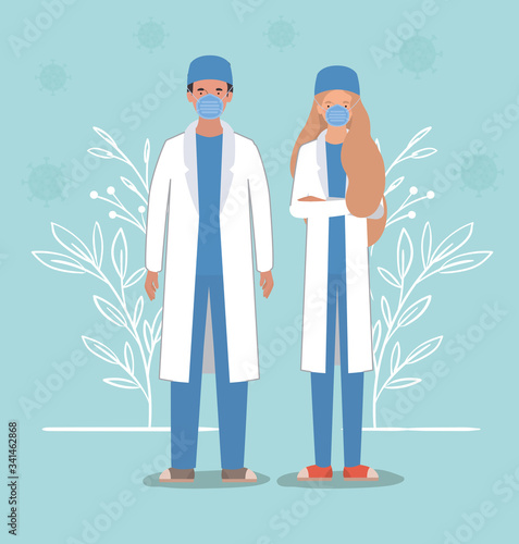 Woman and man doctors with masks against 2019 ncov virus vector design