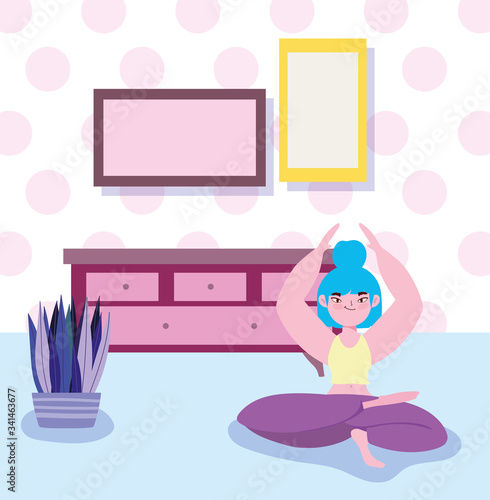 online yoga, woman in yoga pose lotus meditation in room