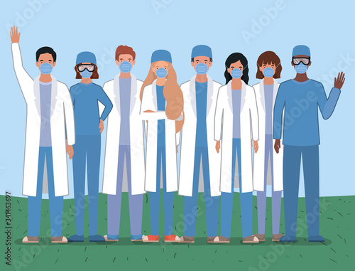 Men and women doctors with masks against 2019 ncov virus vector design