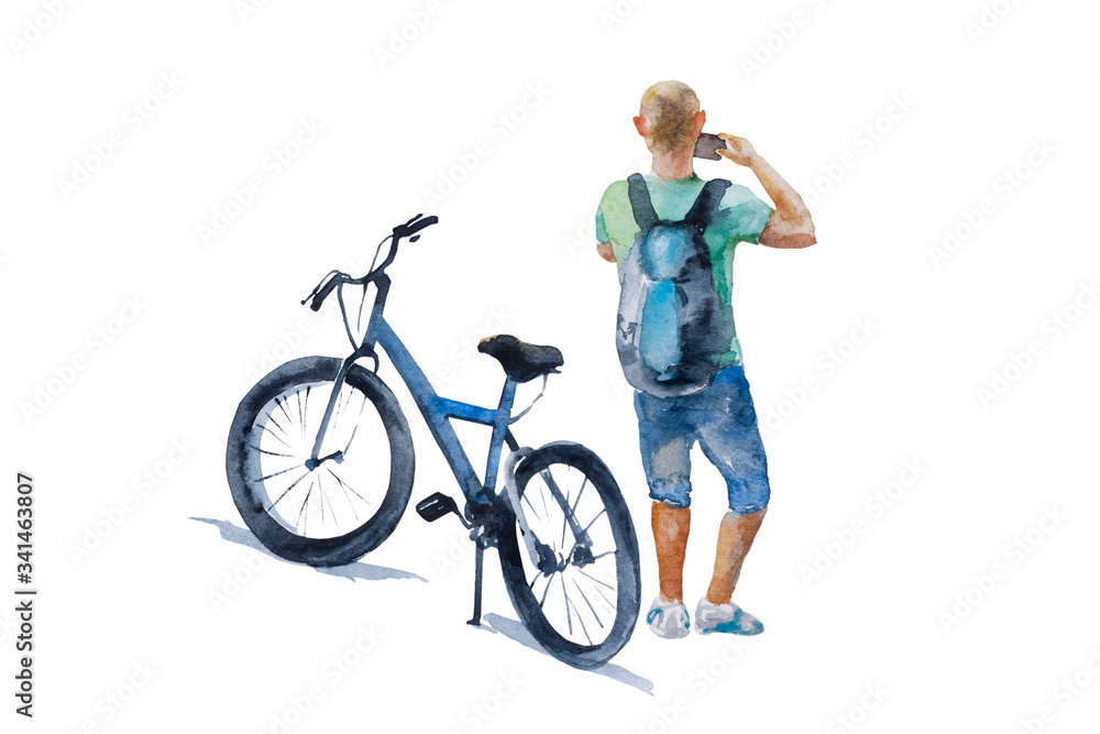 Man in casual clothing stop his bike to make a photo of sightseeing. Original watercolor illustration of tourists and bicycle for rent