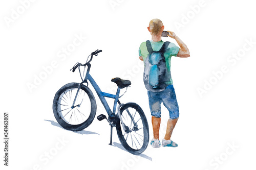 Man in casual clothing stop his bike to make a photo of sightseeing. Original watercolor illustration of tourists and bicycle for rent