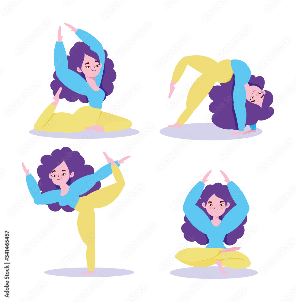 online yoga, woman figures doing yoga exercises cartoon