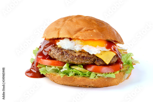 craft cheeseburger with egg on white background