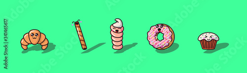 Cute sweets
with emotions on
  light green background. Donut, sweet pipes and cupcake in vector. Very funny and funny kawaii sweets. Can be used as stickers, icons or in animations.