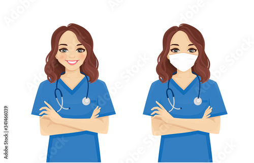 Female nurse character standing with arms crossed wearing protective medical mask isolated vector illustartion