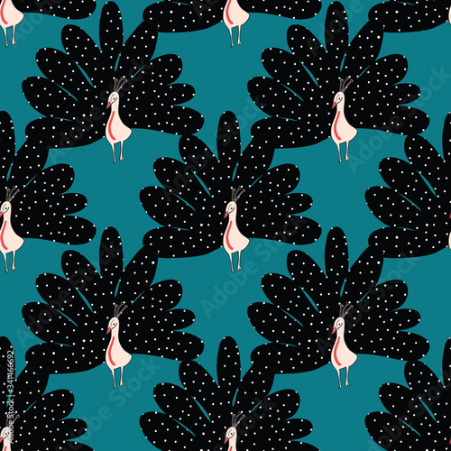 Seamless vector pattern cute abstract capercaillie on red background. Seamless bird pattern for wrapping paper, fabric, wallpaper, baby clothes, textile, kid room decor.