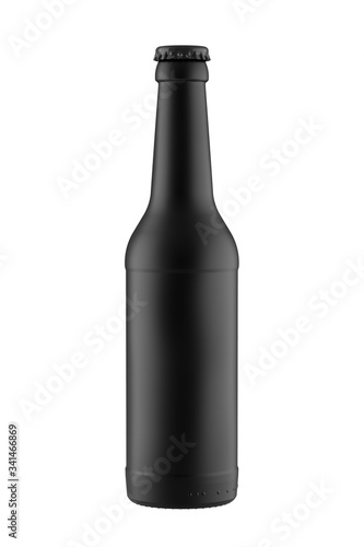 Matte Black 12 oz Beer or Water Bottle. 3D Render Isolated on White Background.