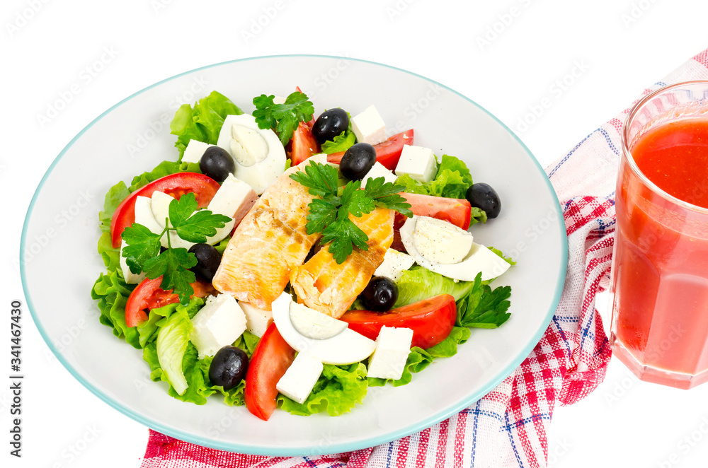 Lettuce, egg, fish, juice. Healthy eating. Photo Lettuce, egg, fish, juice. Healthy eating. Photo