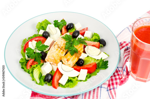 Lettuce, egg, fish, juice. Healthy eating. Photo