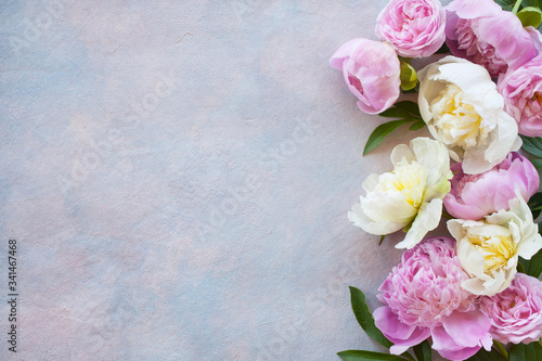 Pink and light peonies, roses on a decorative background for the text of congratulations