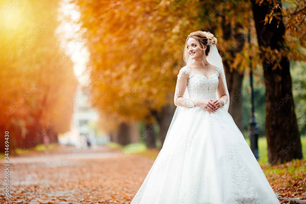 Beautiful bride in fashion wedding dress on natural background.The stunning young bride is incredibly happy. Wedding day Beautiful bride in fashion wedding dress on natural background.The stunning young bride is incredibly happy. Wedding day