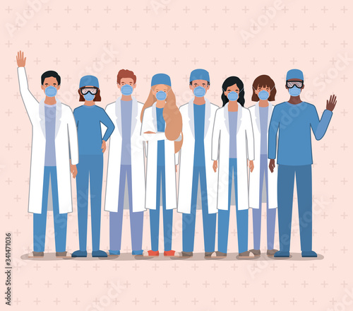 Men and women doctors with masks against 2019 ncov virus vector design