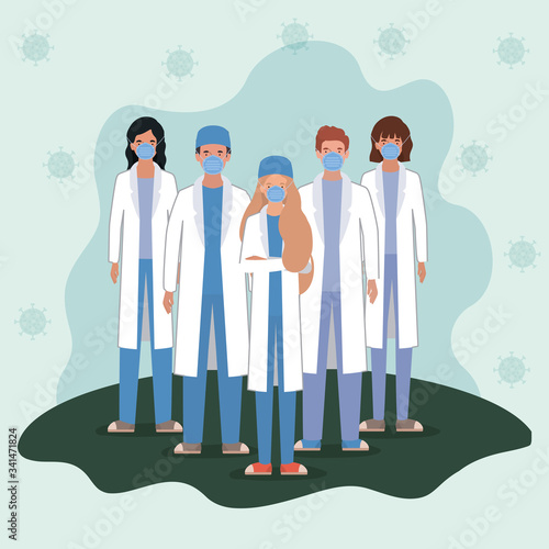Men and women doctors with masks against 2019 ncov virus vector design