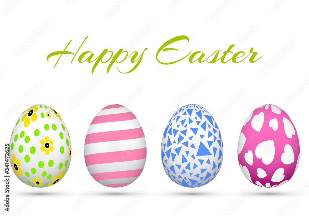 Happy Easter. Set of Easter eggs with different texture on a white background. Happy easter eggs. Spring holiday. Vector Illustration