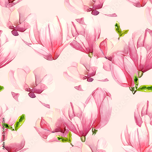 Watercolor hand painted magnolia blossom flowers illustration seamless pattern - wrapping paper, fabrics design, wallpaper